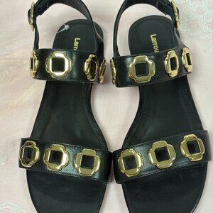 NEW-Larroude-Women Black Studded Leather Sandals.Sz-8. Brazil.